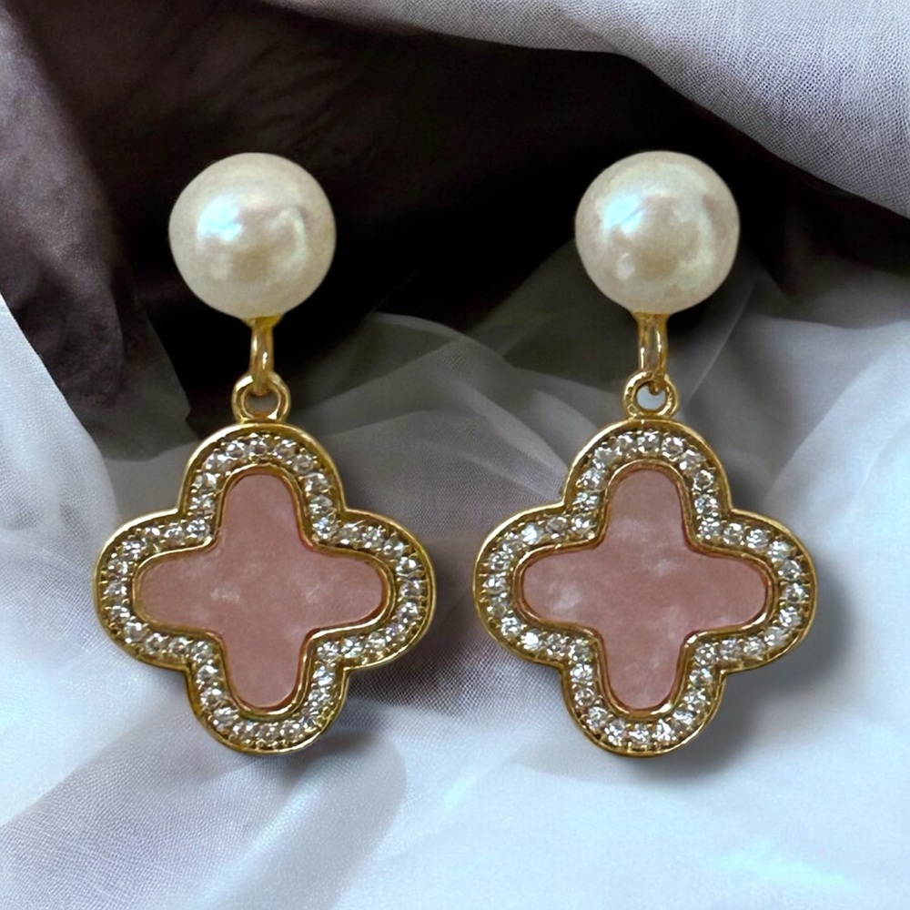 Elegant Pink Clover Freshwater Pearl Earrings